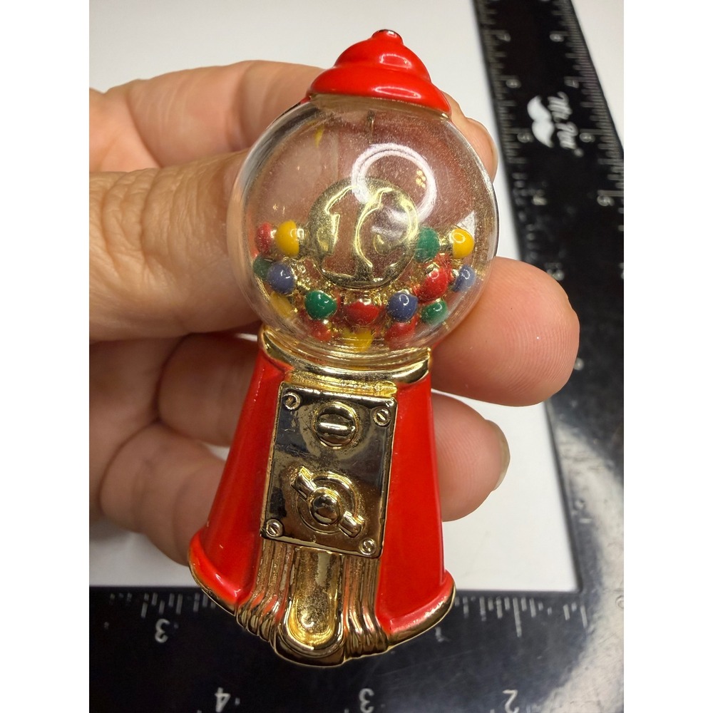 Vintage Red Gumball Machine Brooch Gold Tone Enamel Multi Color Novelty Pin